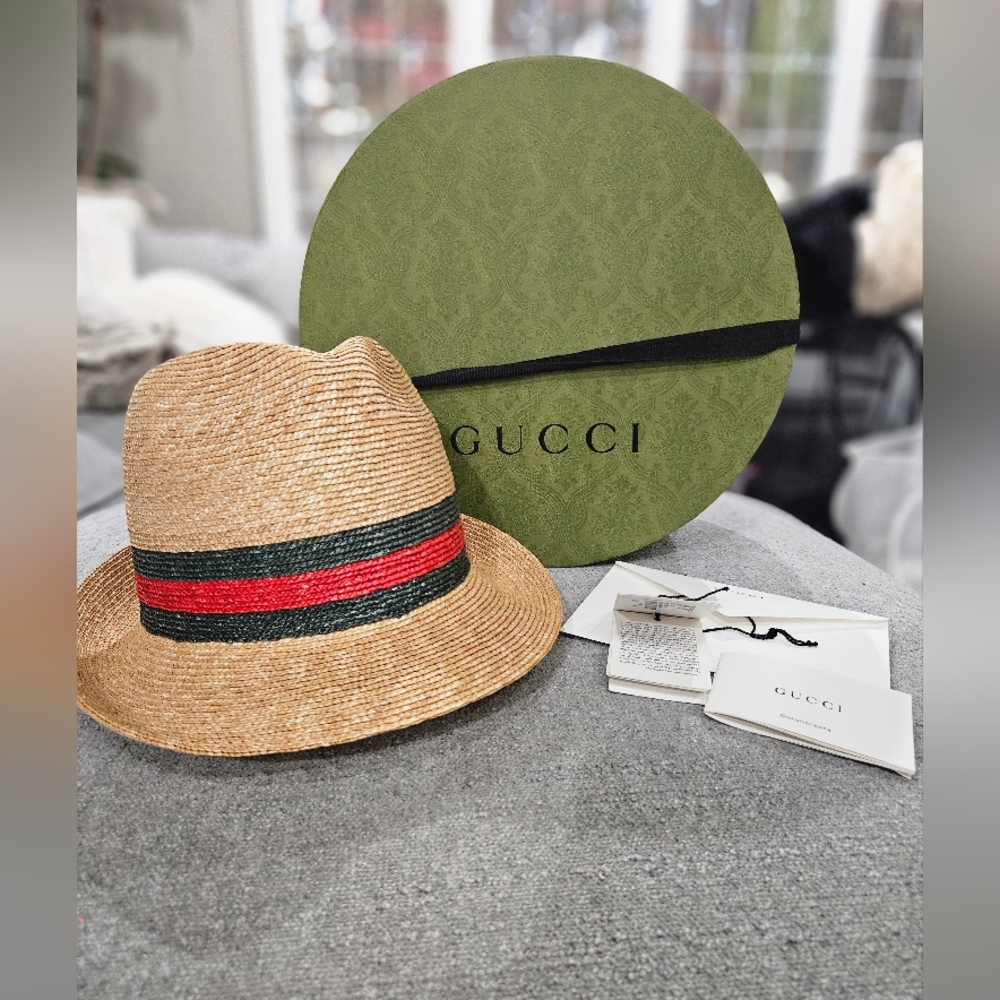 Gucci Trilby Straw Hat with Red and Green Stripe Size M EUC COMES W/ TAGS& BOX - Picture 2 of 16